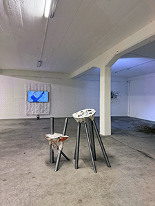 Richard Blaško, Dutina, 2025. Video installation, exhibition view. In the foreground, Maya Bringolf