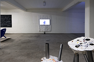 Richard Blaško, Dutina, 2025. Video installation, exhibition view. In the foreground, Maya Bringolf. On the left, Charles O. Job and Elzara Oiseau